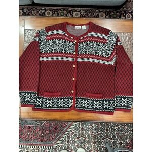 Vintage Fair Isle Cardigan Sweater, Large, Burgundy, Snowflakes